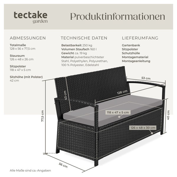 Technische Zeichnung einer Tectake Gartenbank mit Stauraum und Sitzpolster inklusive Maßen und Materialangaben.