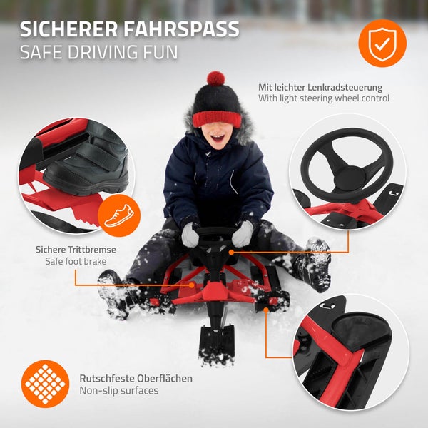 Hauki Lenkschlitten in Rot, Kinderschlitten Rodel ab 5 Jahre, Skibob für Kinder und Erwachsene bis 90 kg, Schlitten mit Lenkrad, Fußbremse, Zugseil, Sitz mit Rückenlehne, Stahlrahmen, 119 x 38 x 50 cm