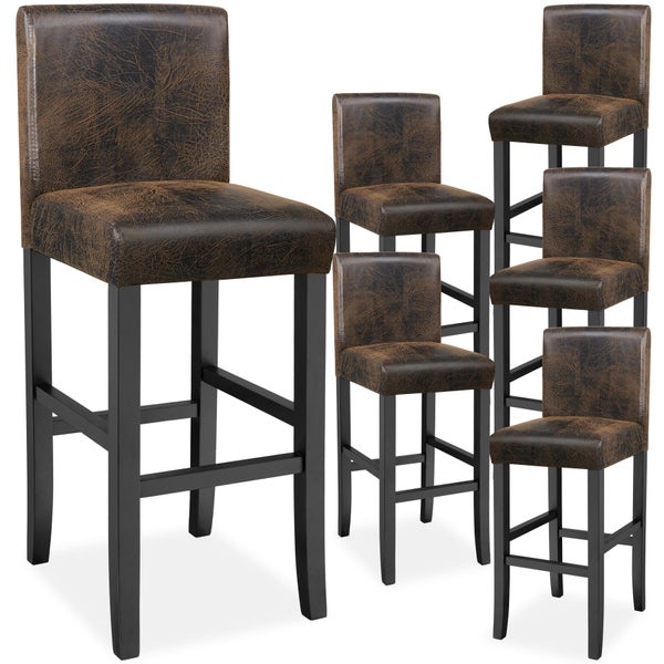 6er Set Barhocker mit gepolstertem Sitz in Lederoptik Dunkelbraun und schwarzem Holzgestell.