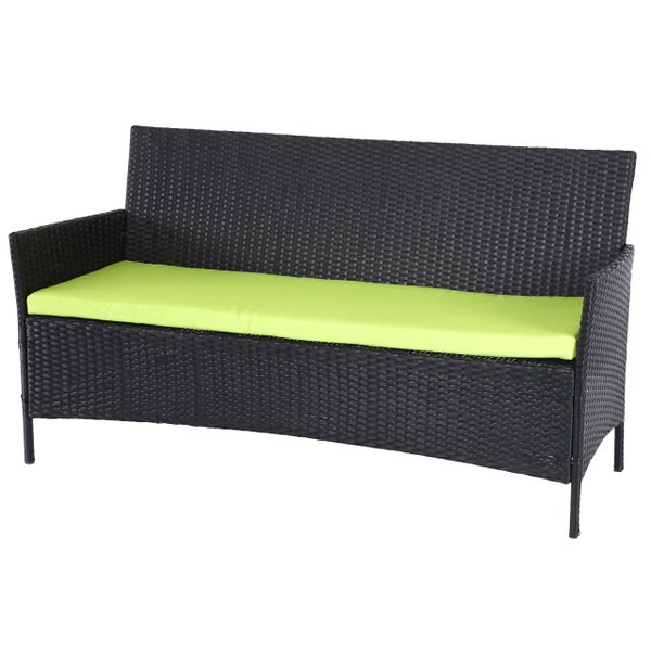 Gartensofa aus Polyrattan in Dunkelgrau mit hellgrünem Sitzkissen, Dreisitzer.