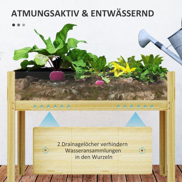 Hochbeet mit Pflanzen und Bewässerungssystem für atmungsaktive und entwässernde Eigenschaften.