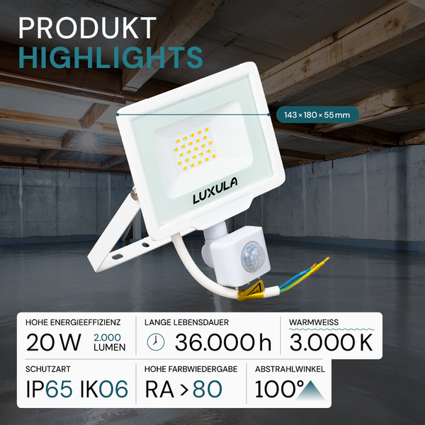 Luxula LED-Strahler mit Bewegungsmelder, 20 Watt, 2000 Lumen, Schutzart IP65 und IK06