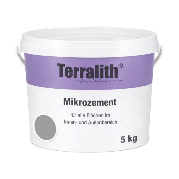 Terralith Mikrozement für den Innen- und Außenbereich in einem 5 Kilogramm Eimer.