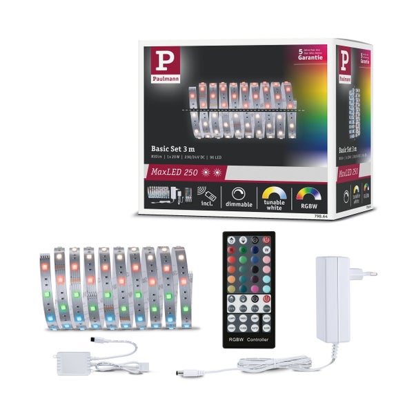 Paulmann MaxLED 250 LED Streifen Basis Set 3 Meter inklusive Fernbedienung und Netzteil mit RGBW und Tunable White Funktion