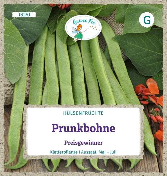 Samentüte für Prunkbohne Preisgewinner von Grüne Fee, Kletterpflanze, Aussaat von Mai bis Juli, Grüne Fee Logo, Abbildung von Bohnen und Blüten.