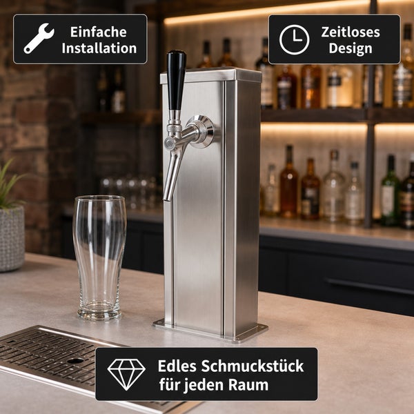 Edelstahl Bierzapfsäule mit Zapfhahn und Glas auf einem Tresen. Symbole für einfache Installation, zeitloses Design und hochwertiges Produkt.