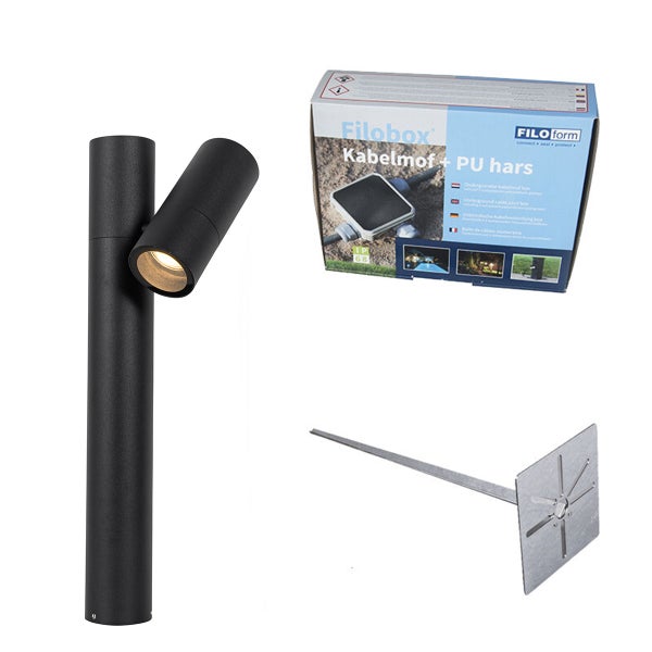 Außenleuchten-Set bestehend aus schwarzem LED-Gartenstrahler, Filoform Filobox Kabelmuffe mit Gießharz und Erdspieß aus Metall.