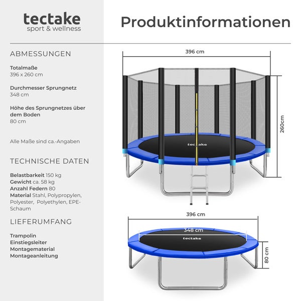 tectake Trampolin Infografik mit Maßen: 396 Zentimeter Breite, 260 Zentimeter Gesamthöhe und 80 Zentimeter Höhe des Sprungnetzes.