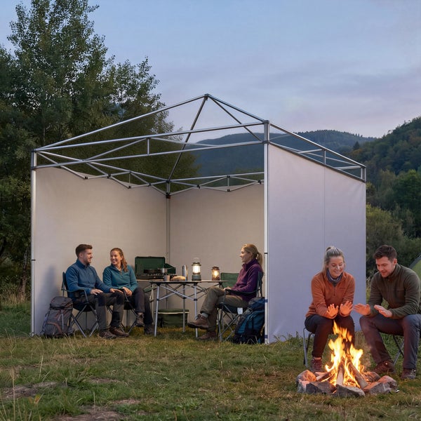 Weißer Faltpavillon mit Metallrahmen und Seitenwänden bei einer Campinggruppe am Lagerfeuer in der Natur.
