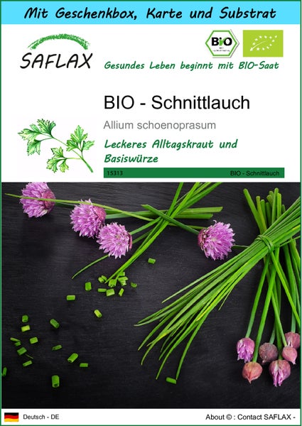 SAFLAX Geschenk Set - BIO - Schnittlauch - Allium schoenoprasum - 250 Samen - Mit Geschenkbox, Versandaufkleber, Geschenkkarte und Anzuchtsubstrat
