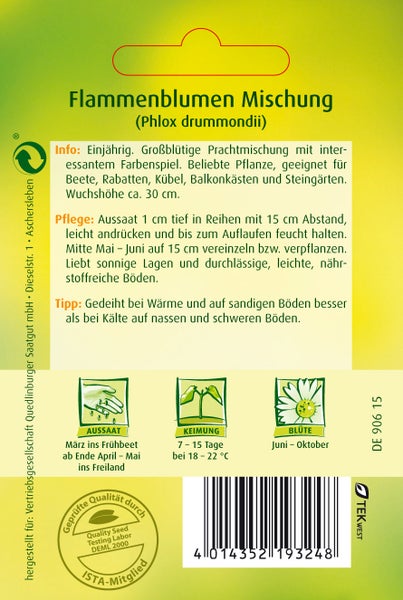 Rückseite einer Samentüte für Flammenblumen Mischung mit Informationen zu Aussaat, Pflege, Blütezeit und einer Wuchshöhe von circa 30 Zentimetern.