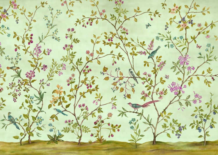 Tapete mit floralem Muster, Ästen und Vögeln