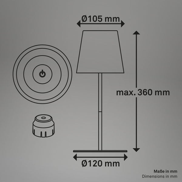 Maße der Tischleuchte: maximal 360 mm hoch, Lampenschirmdurchmesser 105 mm, Fußdurchmesser 120 mm