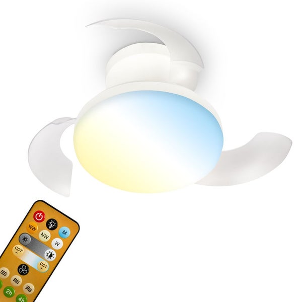 Deckenventilator mit integrierter LED-Leuchte und Fernbedienung, drei geschwungene Flügel, einstellbare Farbtemperatur.