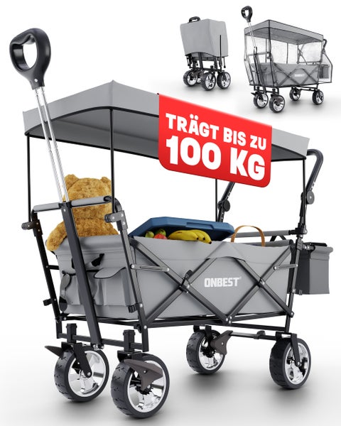 Faltbarer Bollerwagen Onbest mit Dach, Regenschutz und Hecktasche, Tragkraft bis zu 100 Kilogramm, geländegängig mit großen Rädern.