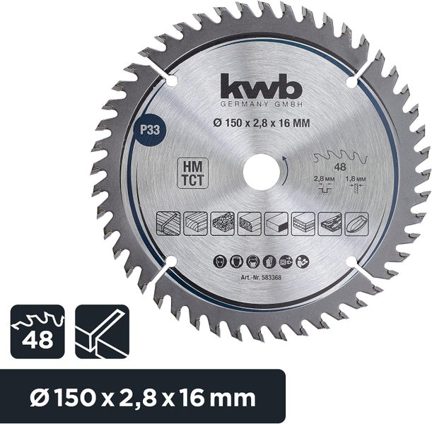 kwb Kreissägeblatt 150 x 16 mm - Sehr feiner Schnitt - Für Arbeitsplatten, Holz und beschichtete Platten - Hartmetallbestückt