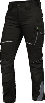 Schwarze Arbeitshose mit Cargo-Taschen, Knieverstärkungen und reflektierenden Details.