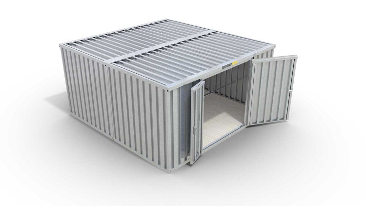 Lagercontainer Gerätehaus XL2  – 21 qm, H2150 x B5080 x T4340 mm, verzinkt, mit Holzfußboden, 1830 mm Doppelflügeltür mittig in Stirnseite, zerlegt