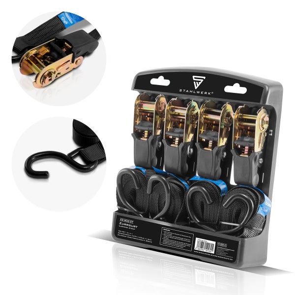 Spanngurte ZG-800 ST  mit Ratsche + Haken 400 kg Zuglast 4er Set