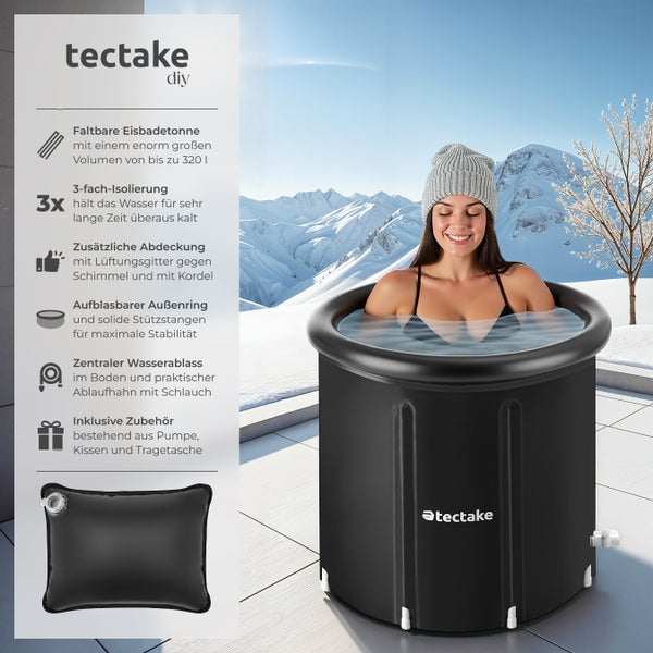 Eisbadetonne tectake Helsinki inkl. Tragetasche, Pumpe und Wasserkissen faltbar, mit 3-facher Isolierung schwarz
