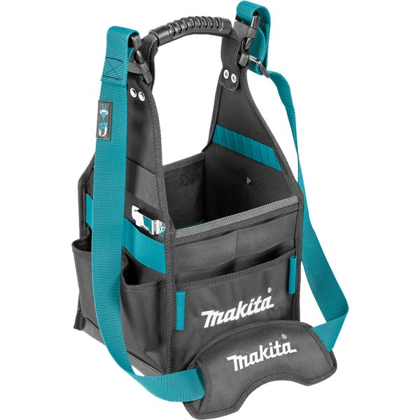 Makita Werkzeugtasche mit gepolstertem Schultergurt, ergonomischem Tragegriff und mehreren Außenfächern.