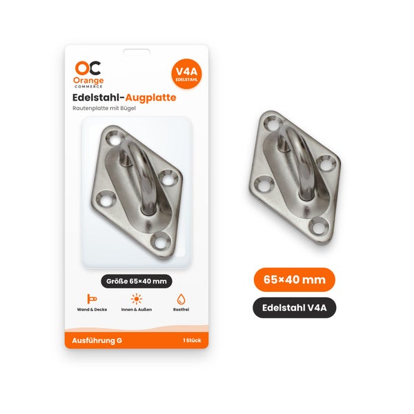 Orange Commerce Edelstahl Augplatte in rautenform mit Bügel, Größe 65 mal 40 Millimeter, V4A Edelstahl für Wand und Decke innen und außen.