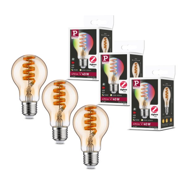 Set mit drei Paulmann LED Lampen E27 mit Zigbee Steuerung und variabler Lichtfarbe sowie Filament Optik