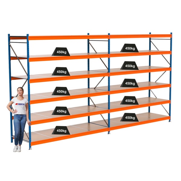 Lagerregal mit mehreren Ebenen und Gewichten von 450 kg sowie einer davor stehenden Person