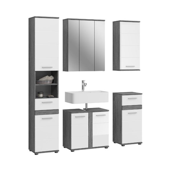 Modernes Badezimmermöbel-Set mit weißen Fronten und dunkler Holzoptik, bestehend aus Hochschrank, Spiegelschrank, Waschbecken und Unterschränken.