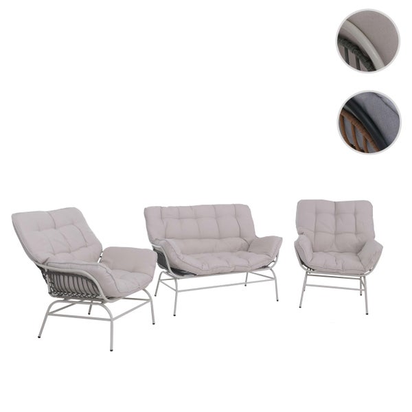 Gartenmöbel-Set mit Zweisitzer-Sofa und zwei Sesseln, Metallgestell mit Geflecht und Polstern. Detailansichten zeigen die Materialstruktur.