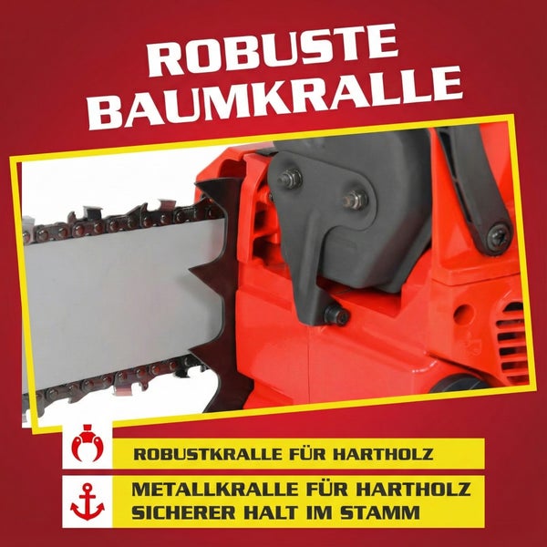 Nahaufnahme einer Kettensäge mit robusten Baumkrallen für Hartholz und Metallkrallen für Hartholz für einen sicheren Halt im Stamm.