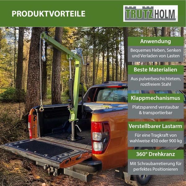 Trutzholm Pickup Kran mit Seilwinde montiert auf einer Ladefläche eines Pickups im Wald dargestellt mit Produktvorteilen als Textliste.
