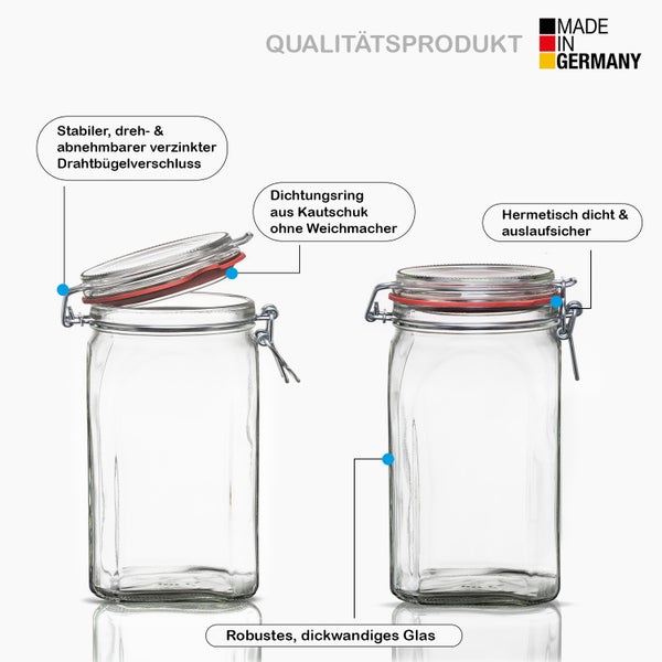 Einmachglas aus robustem, dickwandigem Glas mit Drahtbügelverschluss und Dichtungsring, hergestellt in Deutschland