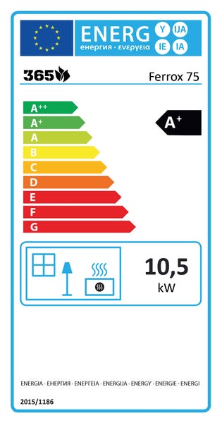 Europäisches Energielabel für Kaminofen 365 Ferrox 75, 365 Logo, Energieeffizienzklasse A plus, Wärmeleistung 10,5 Kilowatt.