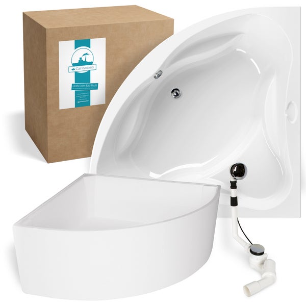Weiße Eckbadewanne aus Acryl mit Schürze, Ab- und Überlaufgarnitur in Chrom und Verpackungskarton mit Calmwaters Logo.