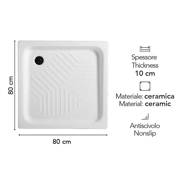 Quadratische Duschwanne aus Keramik mit rutschhemmender Oberfläche, 80 mal 80 Zentimeter, 10 Zentimeter hoch.
