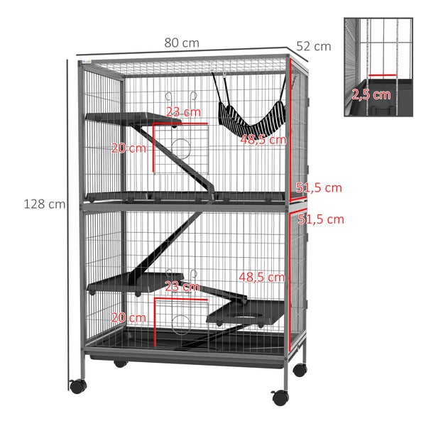 PawHut Kleintierkäfig, Frettchenkäfig Nagerkäfig mit ausziehbarem Tablett Käfig mit Hängematte, Rampen, Rollen für Eichhörnchen, Zwerghamster, Chinchilla Grau