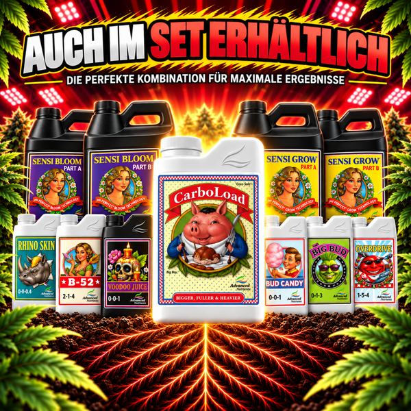 Verschiedene Flaschen mit Pflanzendüngern und Nährstoffzusätzen der Marke Advanced Nutrients für ein Set zur Pflanzenpflege.
