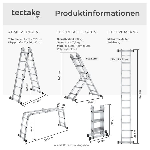 tectake Produktinformationen zur Mehrzweckleiter mit Abmessungen für verschiedene Positionen, technischen Daten und Lieferumfang.