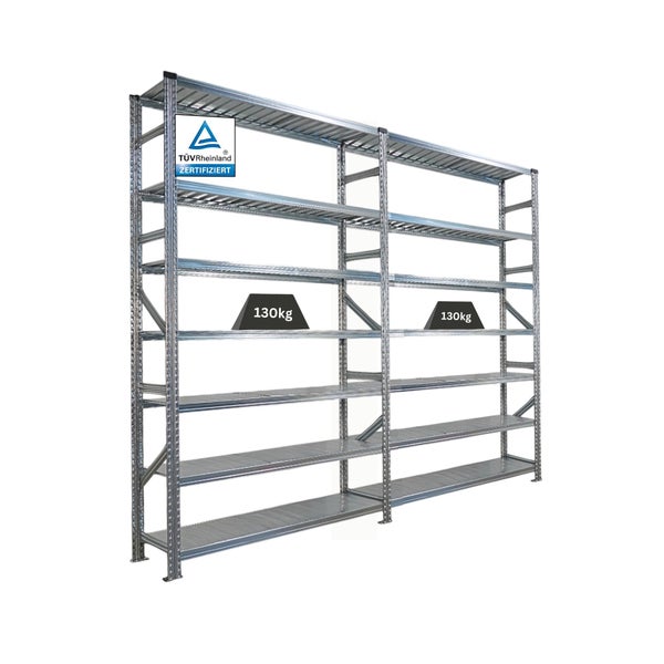 Metallregal mit mehreren Ebenen und einer Traglast von 130 kg pro Ebene