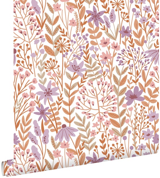 ESTAhome Tapete Feldblumen Violett und Terrakotta - 0.53 x 10.05 m - 139672