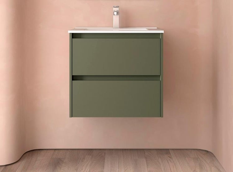 Wandhängender Waschtischunterschrank mit zwei Schubladen, integriertem Waschbecken und Armatur in einem modernen Badezimmer.