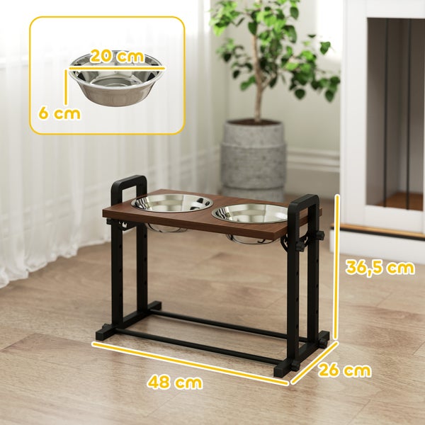 Höhenverstellbare Hundebar mit zwei Edelstahlschüsseln. Breite 48 Zentimeter, Tiefe 26 Zentimeter, Höhe 36,5 Zentimeter.