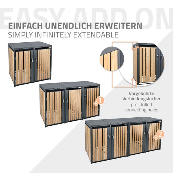 ML-Design Mülltonnenbox 4er 4 Tonnen 240L 264x80x116,3cm Anthrazit-Lärchenoptik, Stahl wetterfest/abschließbar Mülltonnenverkleidung Klappdeckel/4 Türen, Müllbox Mülltonnecontainer Mülltonnenabdeckung