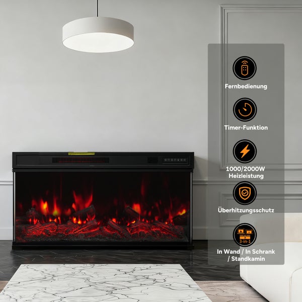 Elektrokamin mit Fernbedienung, Timerfunktion, 1000/2000W Heizleistung und Überhitzungsschutz, 3-in-1: Wand-, Schrank- oder Standkamin