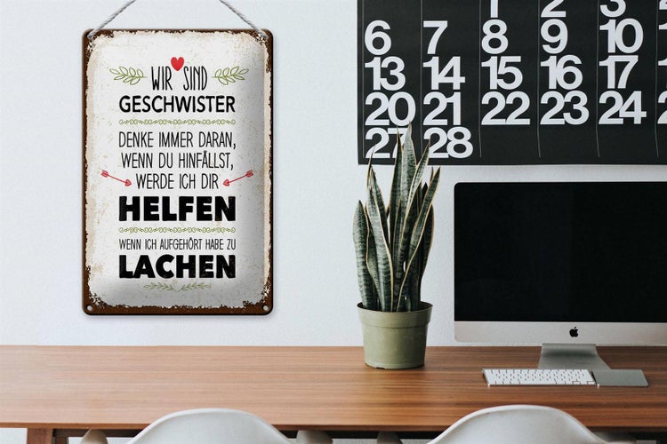 Blechschild Spruch Geschwister wir lachen helfen 20x30cm