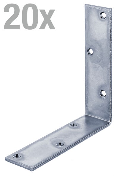 Ein Set aus 20 verzinkten Stahlwinkelverbindern mit Senkbohrungen zur stabilen Verbindung von Holzbauteilen.