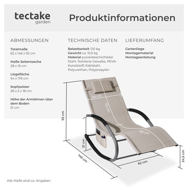 Gartenliege tectake Taya abnehmbares Kopfpolster, seitliche Aufbewahrungstasche ergonomisch, mit Komfort-Schwingbewegung beige