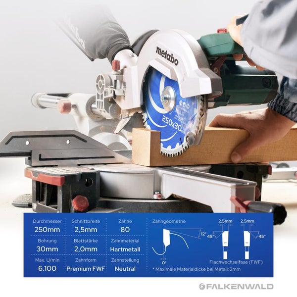 FALKENWALD ® Sägeblatt 250x30 80 Zähne - Ideal für Holz, Metall & Alu - Multi Kreissägeblatt 250x30 - Kompatibel mit Gehrungssäge & Tischkreissäge von Bosch & Metabo - 250x30