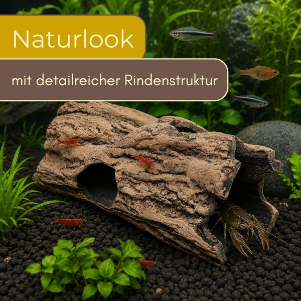 Aquarium-Dekoration Baumstamm mit natürlicher Rindenstruktur, bewohnt von Garnelen und einem Krebs in einem bepflanzten Aquarium.